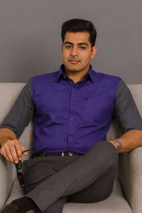 Jack Vault-Regular Fit-Full Sleeves Premium Cotton Shirt - Grey & Royal Blue