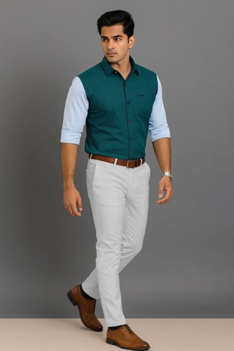 Jack Vault Regular Fit Full Sleeves Premium Men's Cotton Shirt - Teal & White