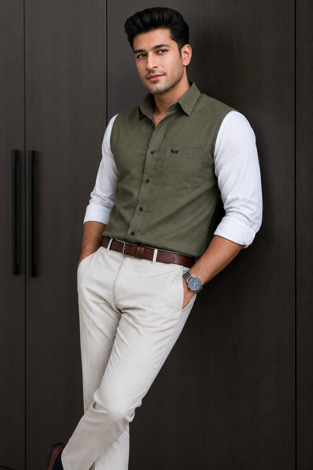 Men’s Colour Block Shirt | Regular Fit – Signature – Beige and White - Image 2