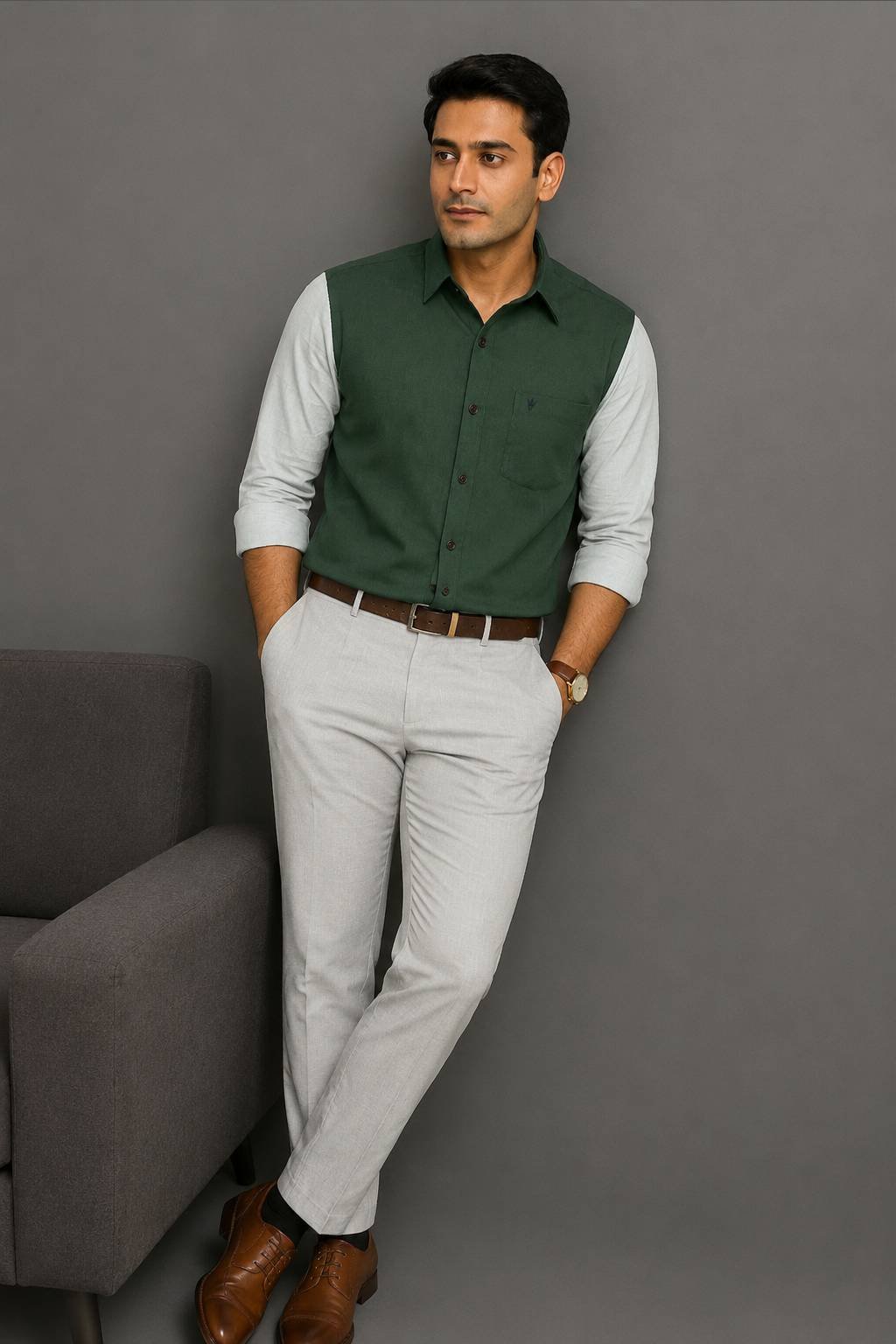 Men’s Colour Block Shirt | Regular Fit – Signature – Green and White - Image 2