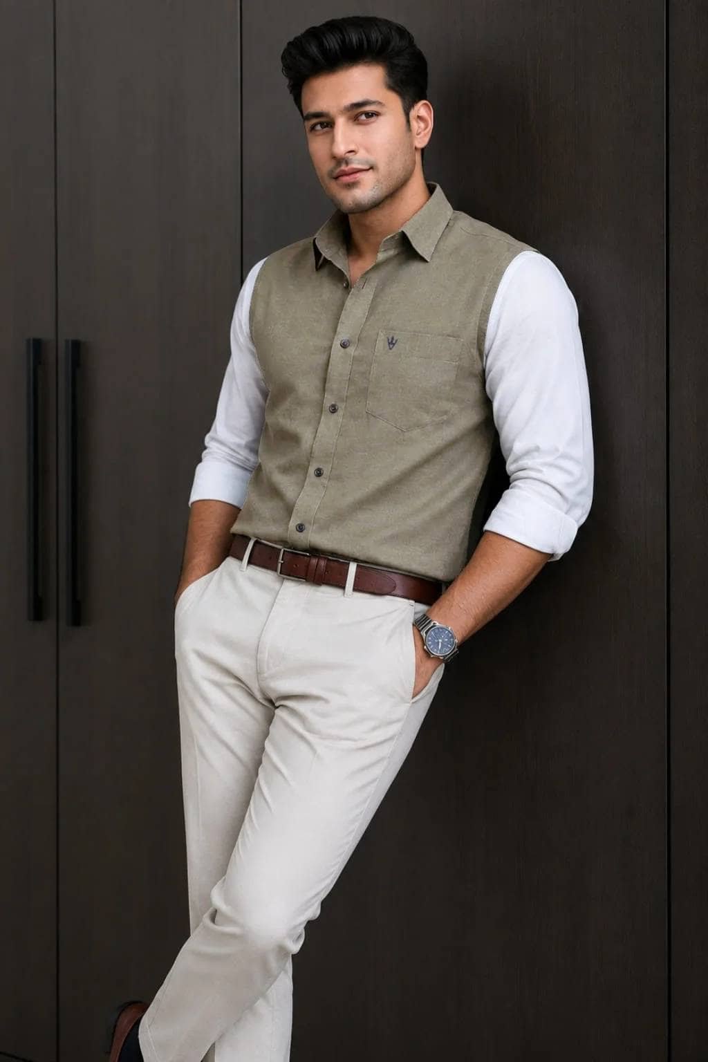 Men’s Colour Block Shirt | Regular Fit – Signature – Beige and White - Image 2