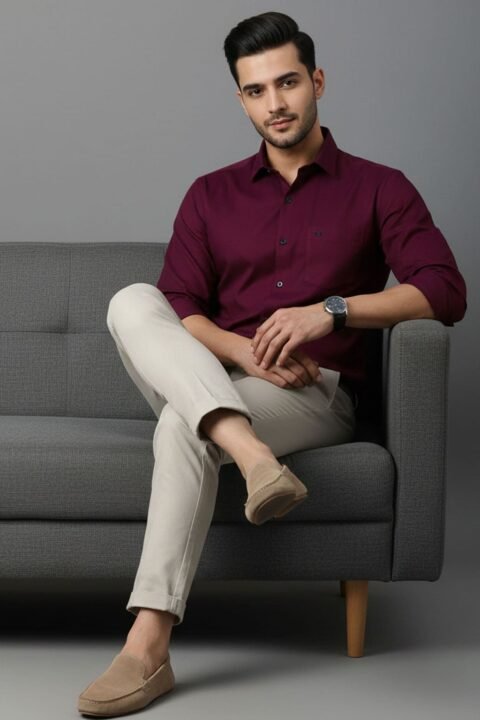 Jack Vault Regular Fit Full Sleeves Solid Men's Cotton Shirt - Textured Maroon