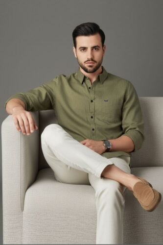 Men’s Linen Blend Shirt | Regular Fit – Daily – Olive Green