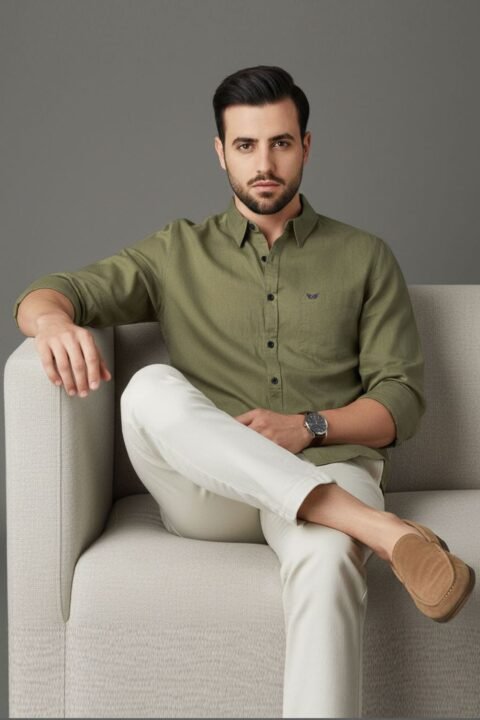Men’s Linen Blend Shirt | Regular Fit – Daily – Olive Green