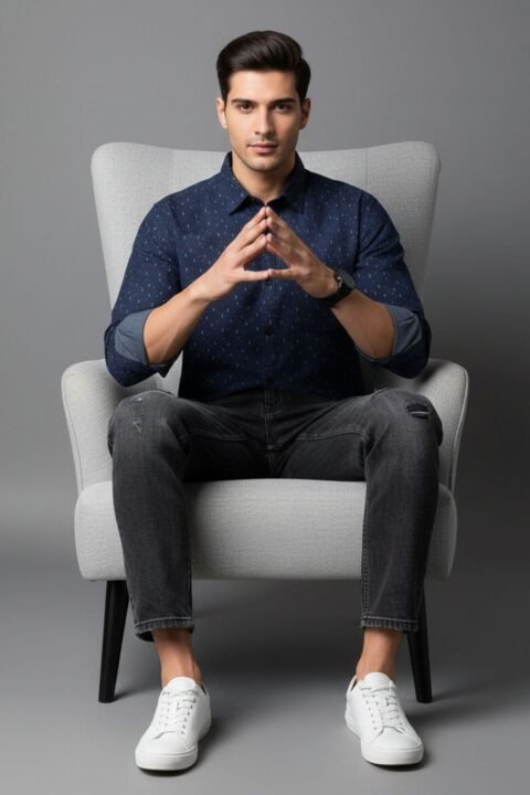 Jack Vault Regular Fit Full Sleeves Printed Men's Cotton Shirt - Denim Dark Blue