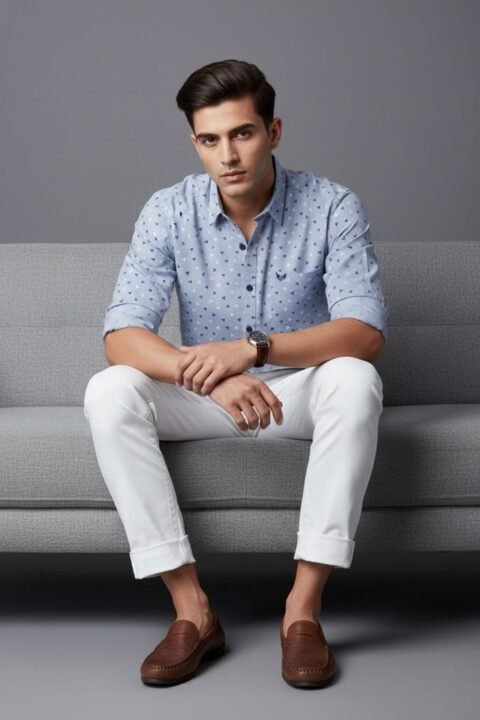 Jack Vault Regular Fit Full Sleeves Printed Men's Cotton Shirt - Creamy Grey