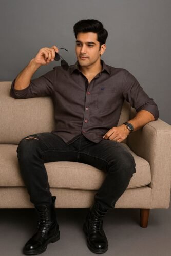 Men’s Solid Shirt | Regular Fit – Signature – Charcoal Brown