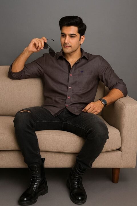 Men’s Solid Shirt | Regular Fit – Signature – Charcoal Brown