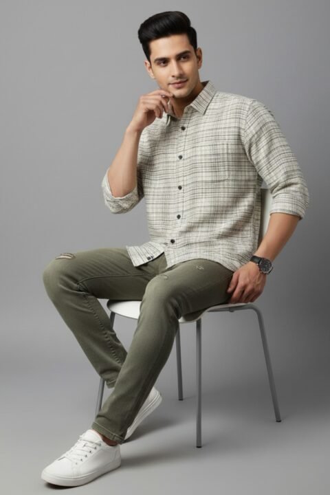Men’s Checked Shirt | Regular Fit – Signature – Off White Green Checked