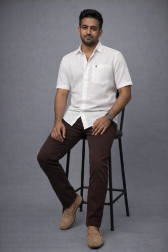 Men’s Linen Blend Shirt | Half Sleeve – Regular Fit – Signature – White