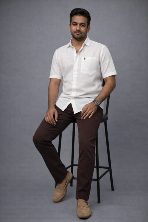 Men’s Linen Blend Shirt | Half Sleeve – Regular Fit – Signature – White