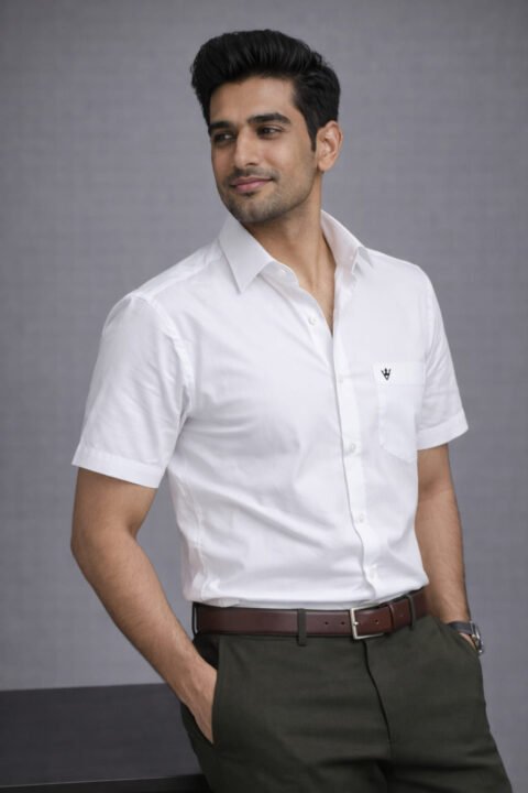 Men’s Poplin Cotton Solid Shirt | Half Sleeves – Regular Fit – Signature – White
