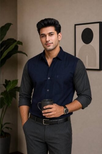 Men’s Colour Block Shirt | Regular Fit – Signature – Navy Blue and Grey