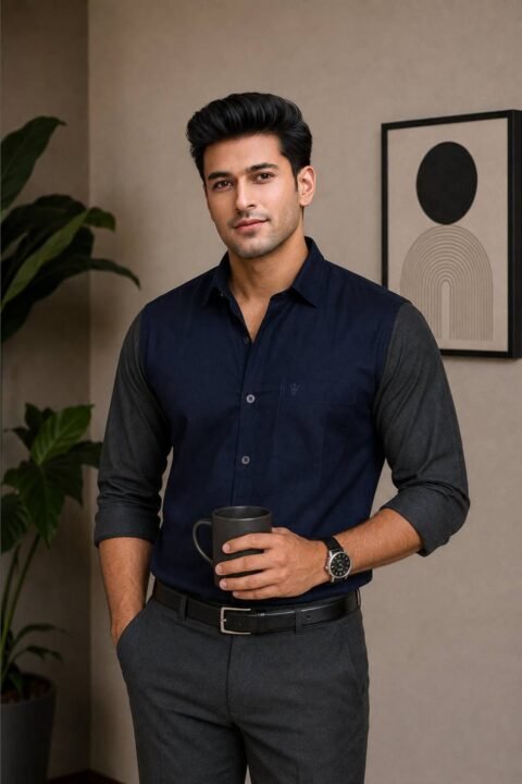Men’s Colour Block Shirt | Regular Fit – Signature – Navy Blue and Grey