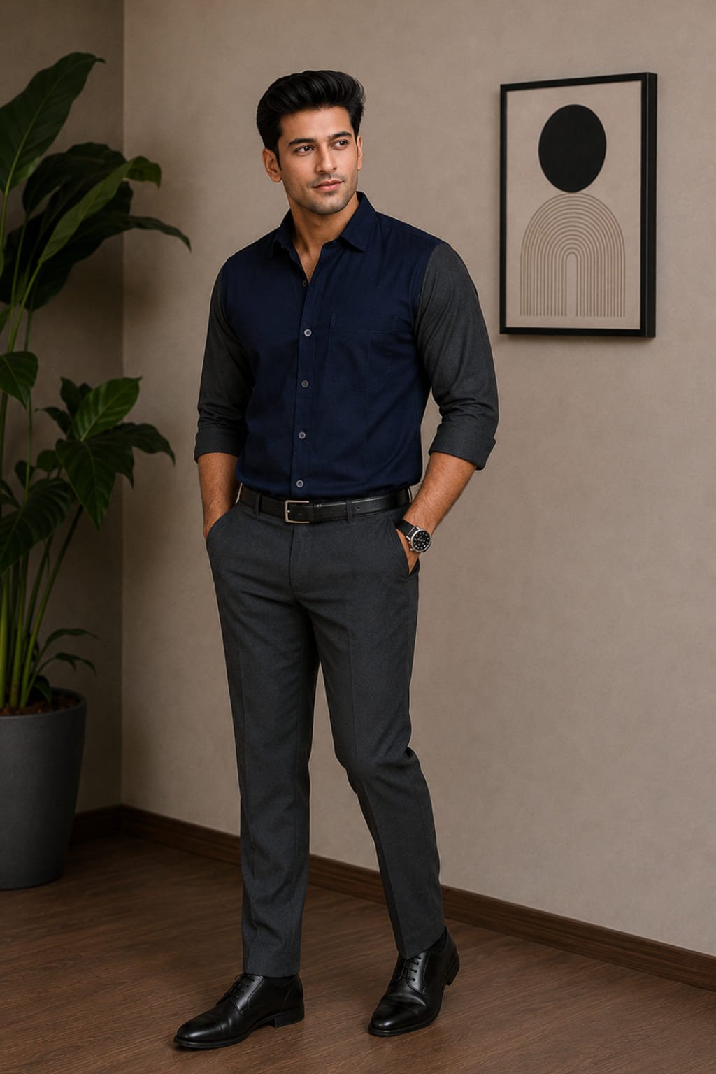 Men’s Colour Block Shirt | Regular Fit – Signature – Navy Blue and Grey - Image 3