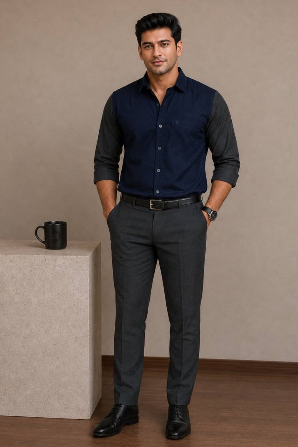 Men’s Colour Block Shirt | Regular Fit – Signature – Navy Blue and Grey - Image 2
