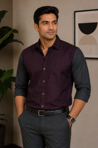 Men’s Colour Block Shirt | Regular Fit – Signature – Maroon and Grey