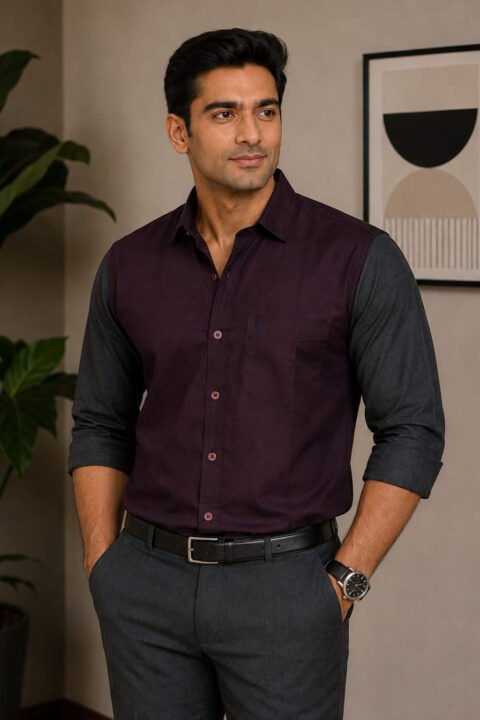 Men’s Colour Block Shirt | Regular Fit – Signature – Maroon and Grey