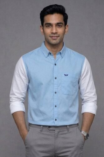 Men’s Colour Block Shirt | Regular Fit – Signature – Sky Blue and White