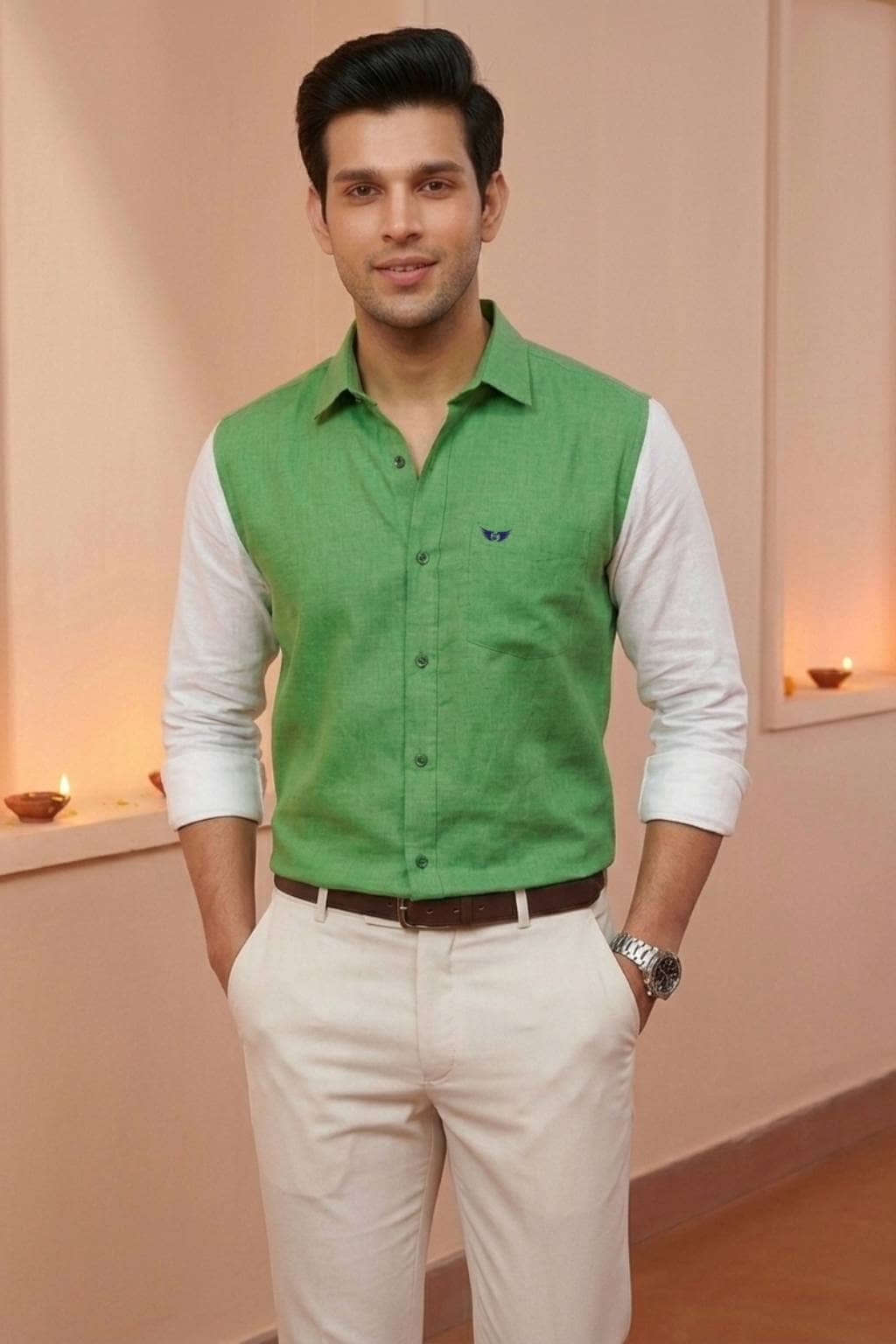 Men’s Colour Block Shirt | Regular Fit – Signature – Green and white - Image 3