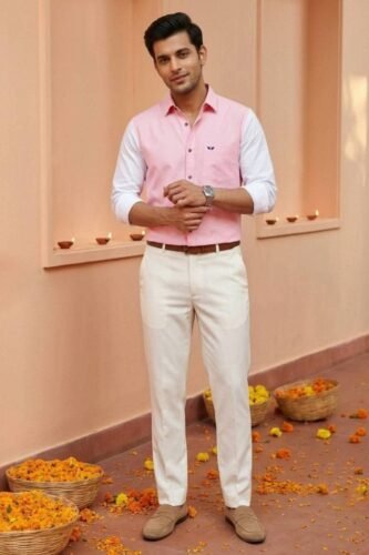 Men’s Colour Block Shirt | Regular Fit – Signature – Light Pink and White