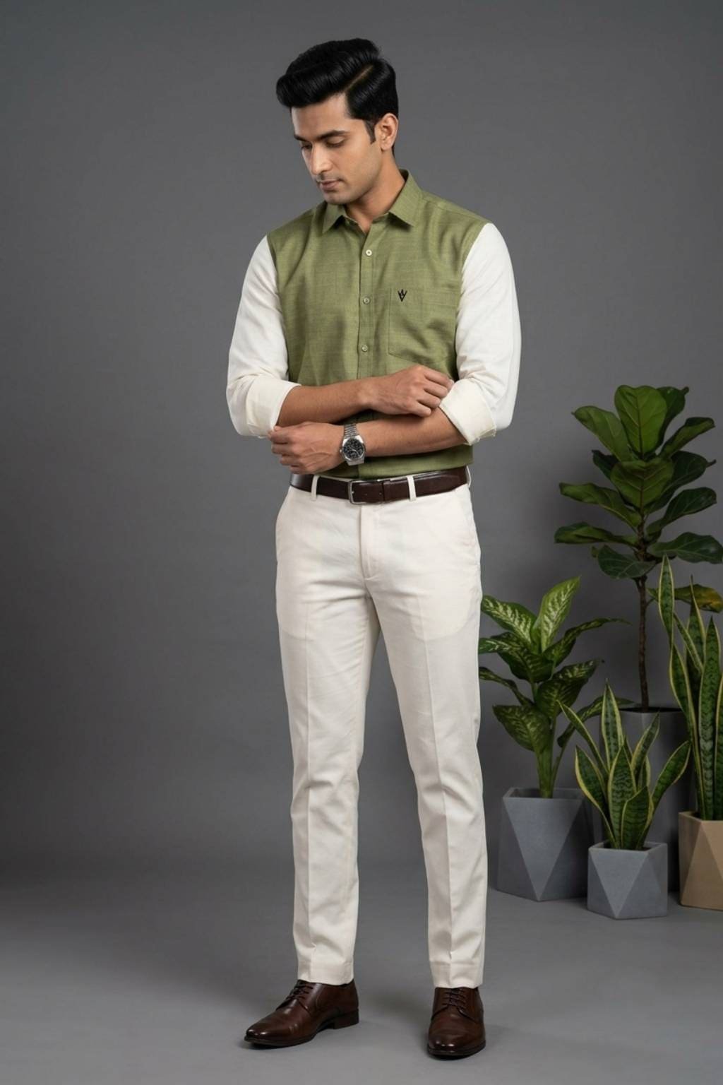 Men’s Colour Block Shirt | Regular Fit – Signature – Sap Green and White - Image 4