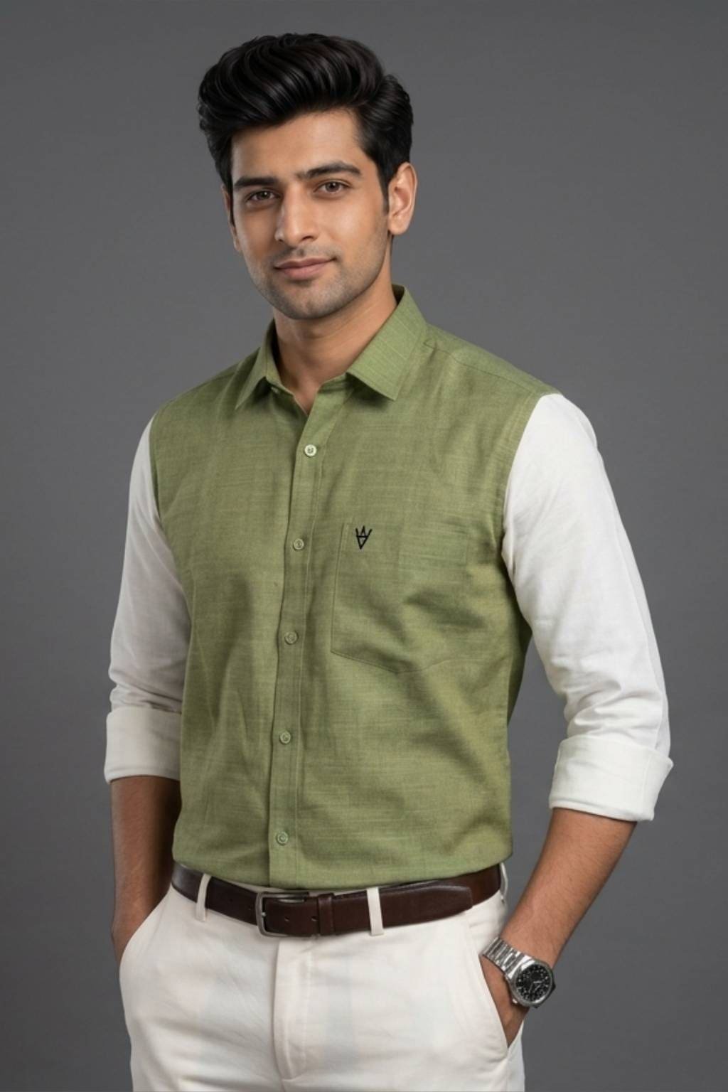 Men’s Colour Block Shirt | Regular Fit – Signature – Sap Green and White - Image 2