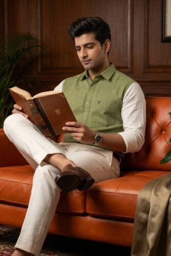 Men’s Colour Block Shirt | Regular Fit – Signature – Sap Green and White