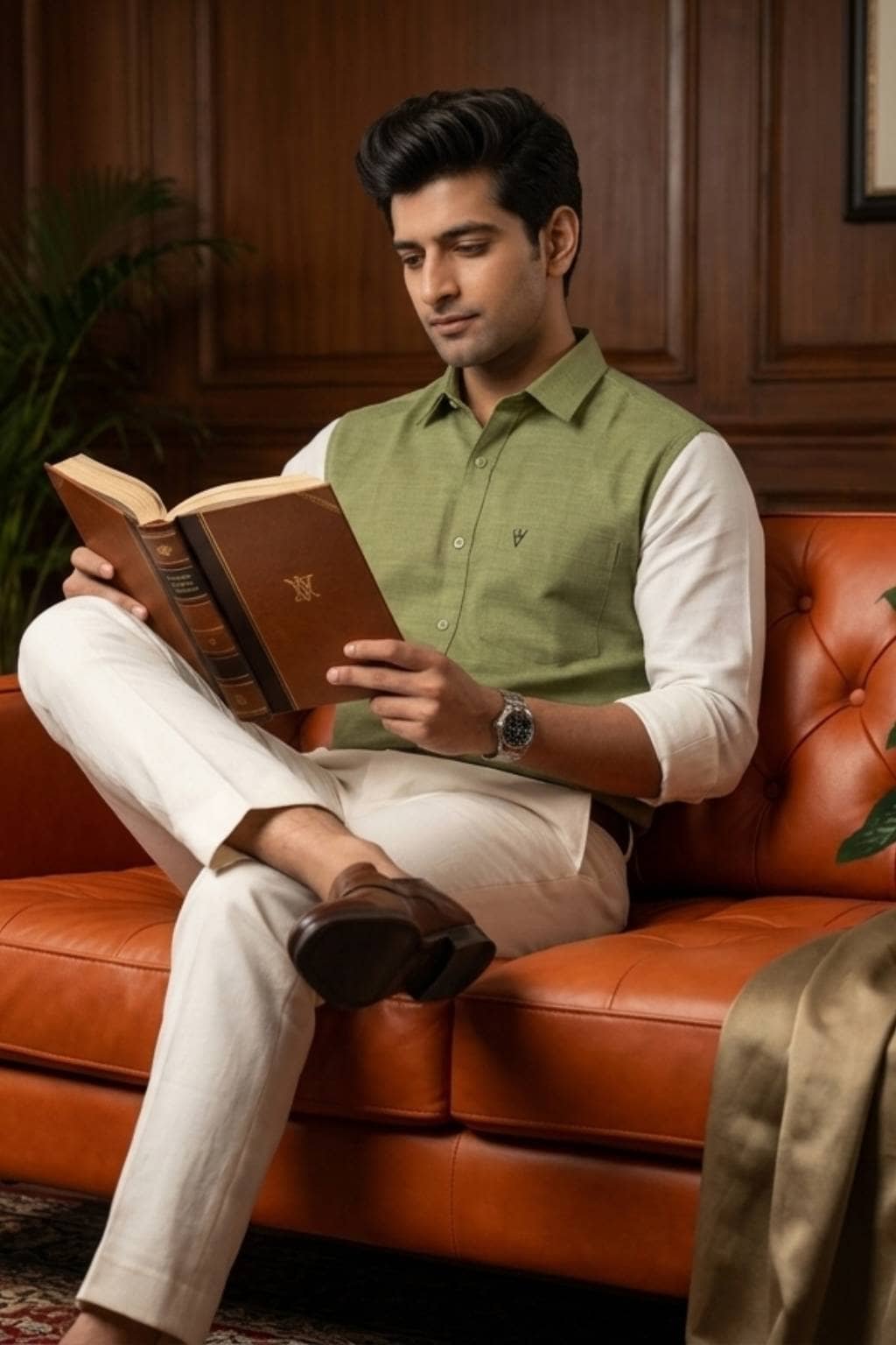 Men’s Colour Block Shirt | Regular Fit – Signature – Sap Green and White